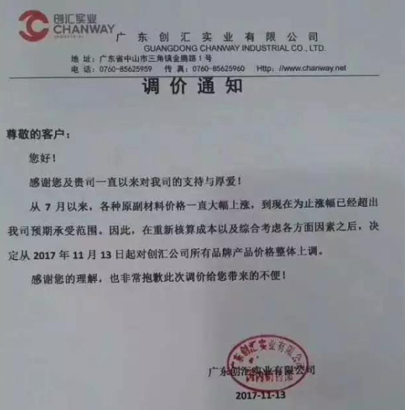 广东创汇实业有限公司于11月13日对公司所有*产品价格进行整体上调